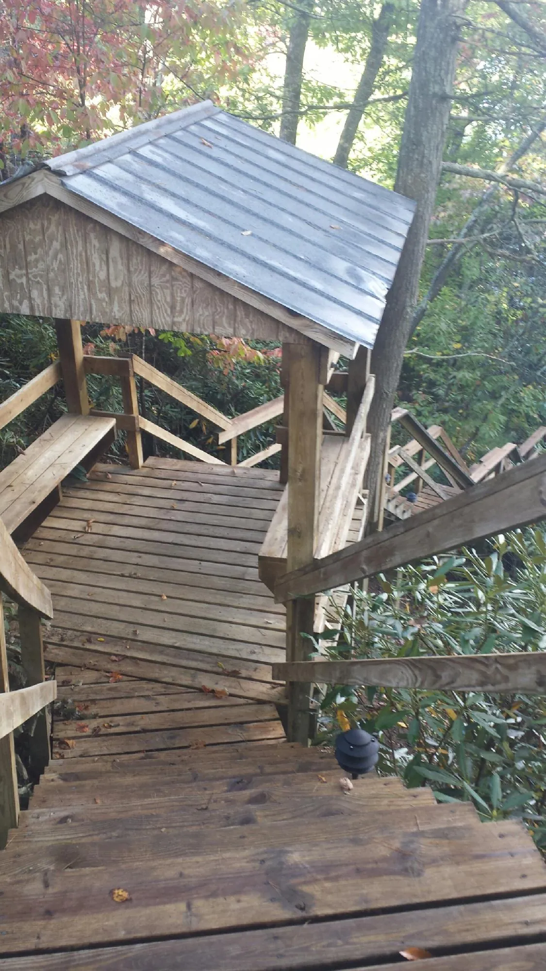 Metal roofed shelter over wooden steps on a wooded walkway — Skylight Repair & Installation work by our crew in Valley Head